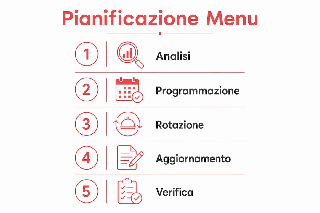 Infografica che illustra le diverse fasi per organizzare al meglio la rotazione dei menu