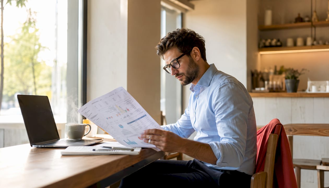 Un consulente esamina i dati relativi al menù all’interno di un ufficio moderno.