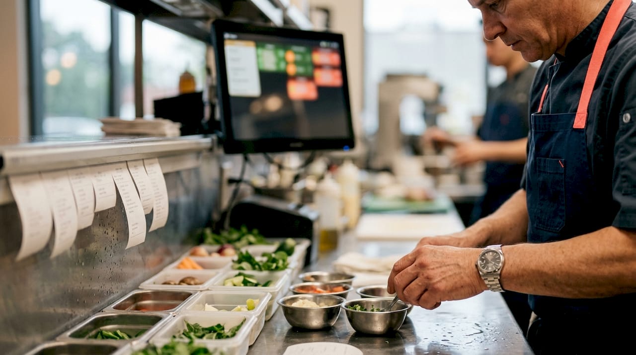 Primo piano sul banco di lavoro, con il monitor della cucina e le mani dello chef all’opera