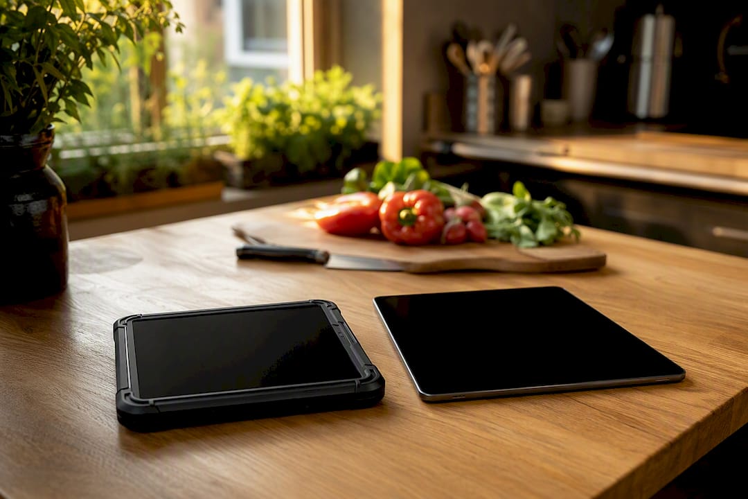 Tablet Android e iPad spenti appoggiati fianco a fianco sul bancone