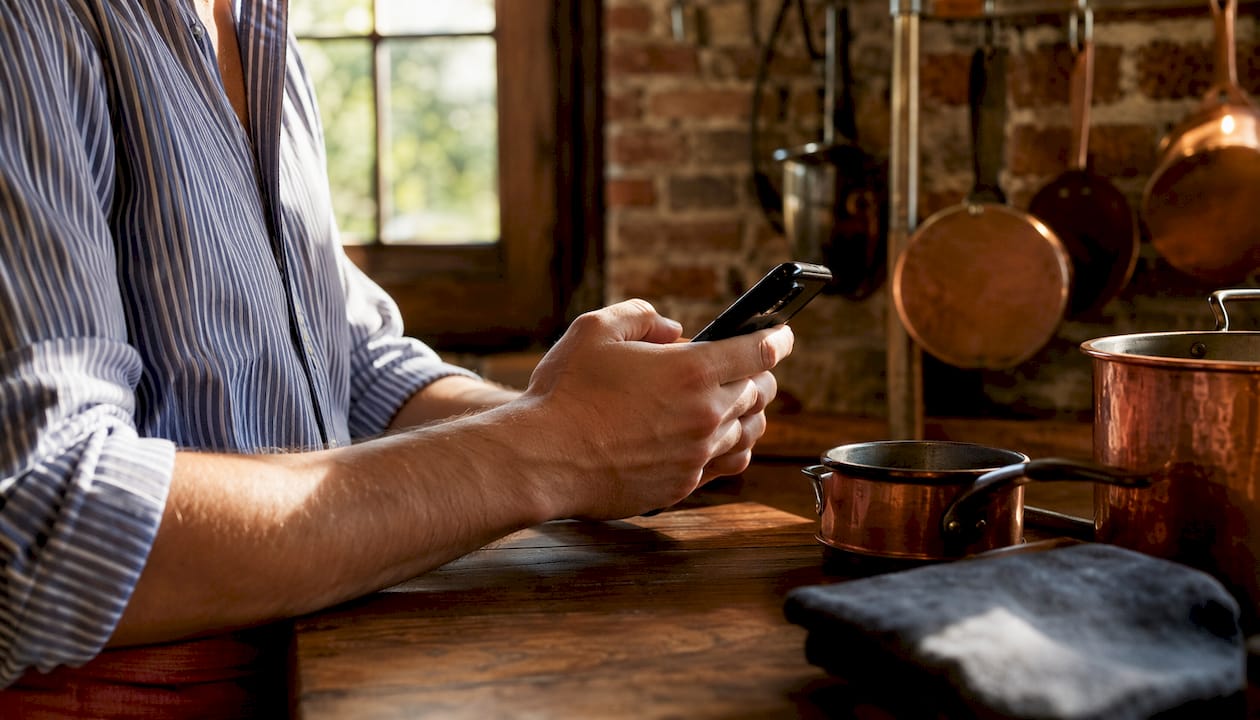 Un cameriere sta consultando lo smartphone mentre si trova in cucina.