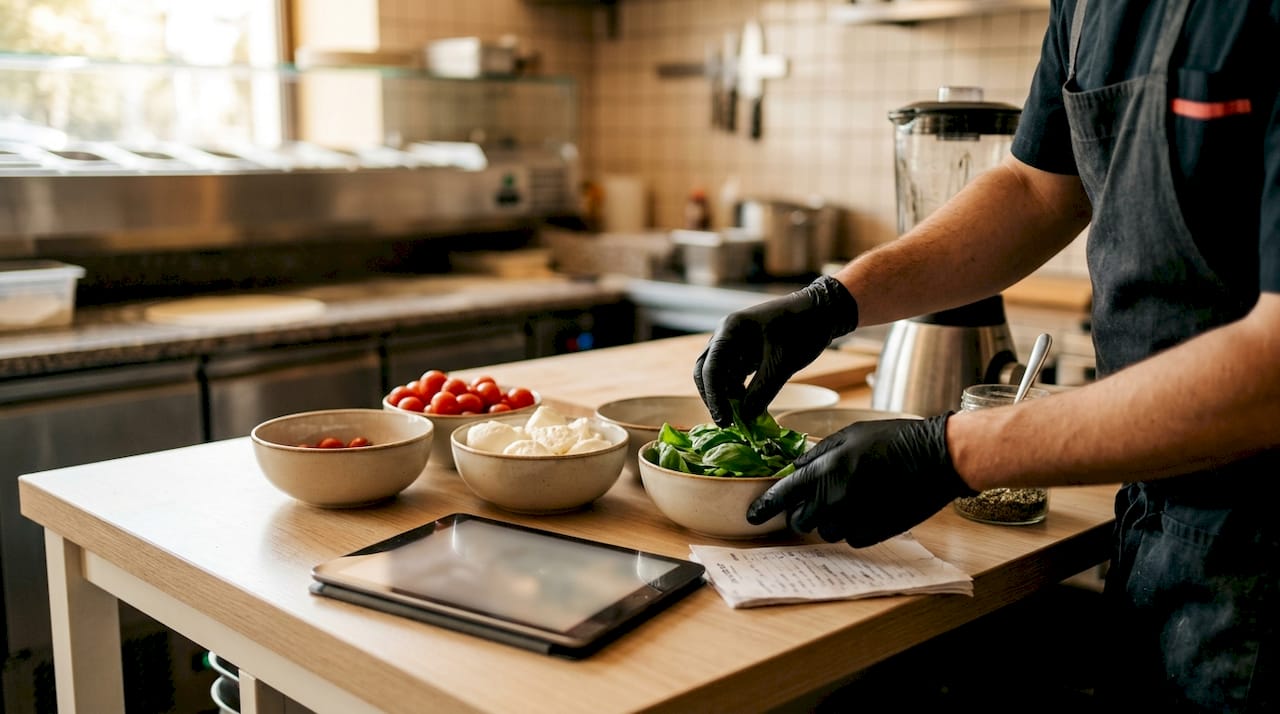 Ingredienti per la pizza ben organizzati con l’inventario a portata di mano e il tablet sempre pronto per gestire gli ordini