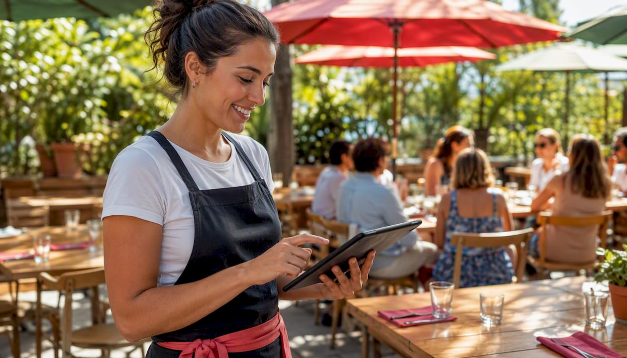 Una cameriera prende le ordinazioni ai tavoli utilizzando un tablet nel ristorante.