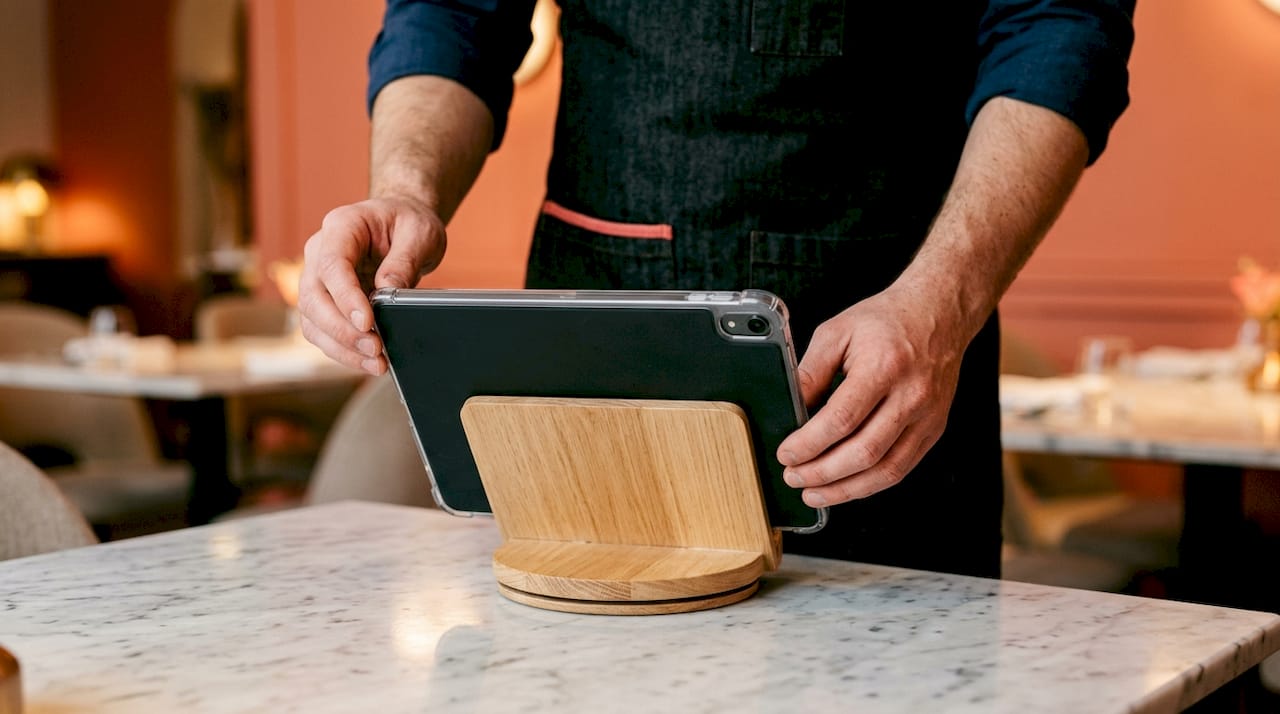 Le mani sistemano con cura un tablet protetto sulla sua base di appoggio.