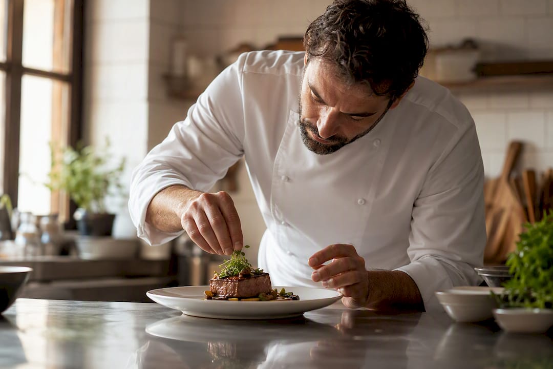 Mani dello chef che impiattano un piatto di bistecca