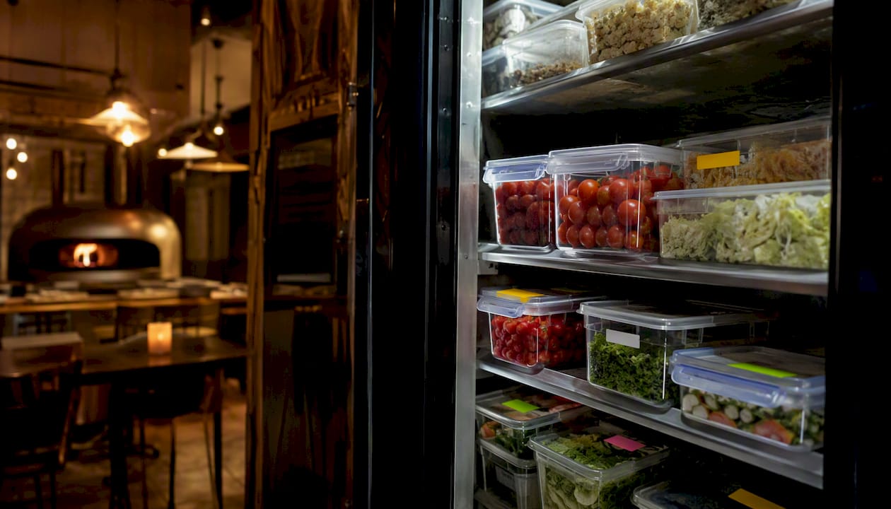 Frigorifero della pizzeria sempre in ordine, con contenitori per gli ingredienti organizzati secondo il principio FIFO (first in, first out) per garantire freschezza e zero sprechi.