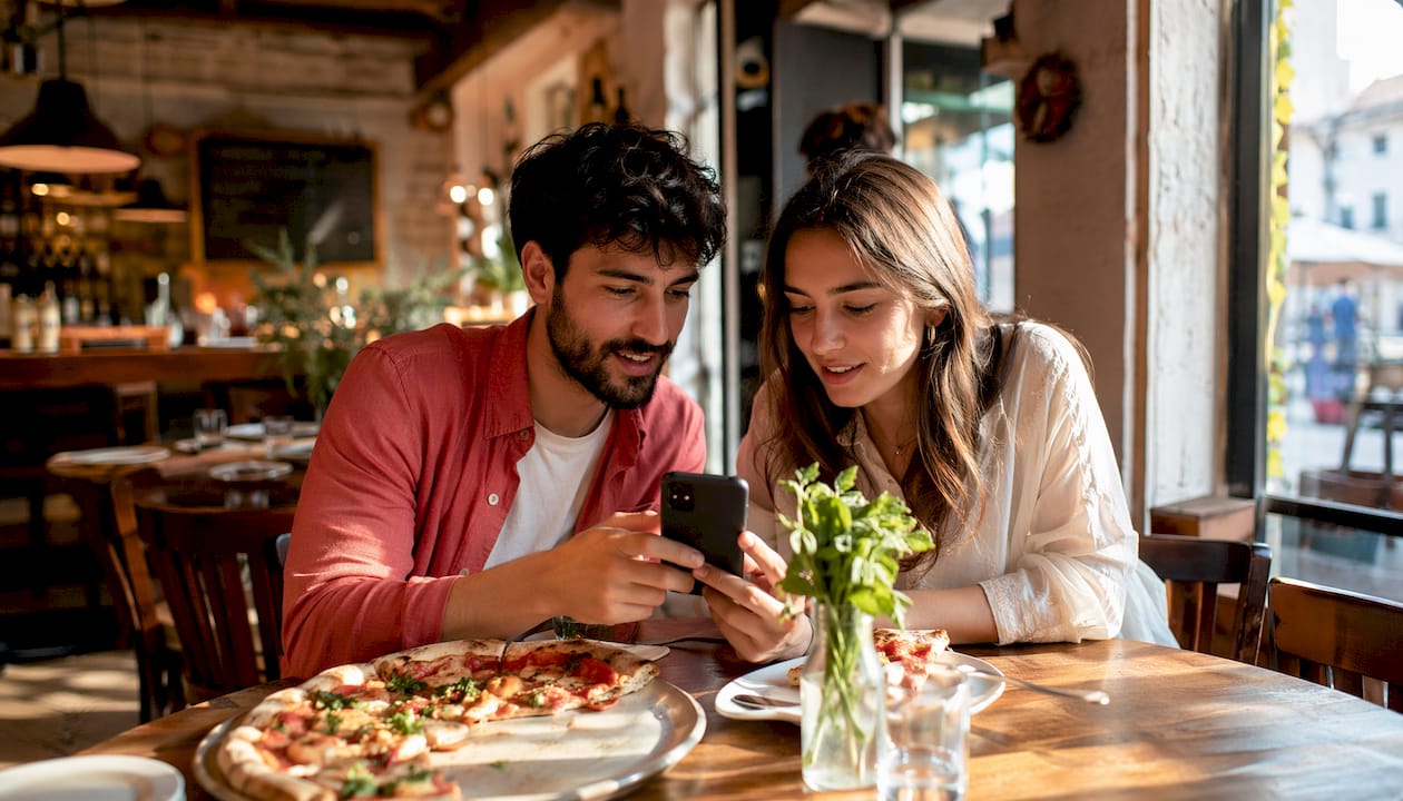 Un cliente consulta il menù del ristorante direttamente dal proprio smartphone, inquadrando il QR code sul tavolo.