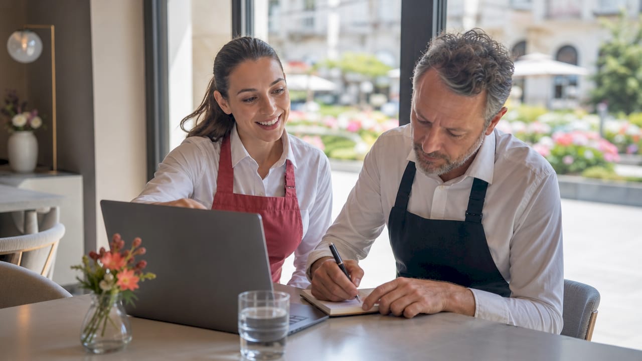 Lo staff del ristorante si confronta seduto al tavolo per decidere quale software adottare.