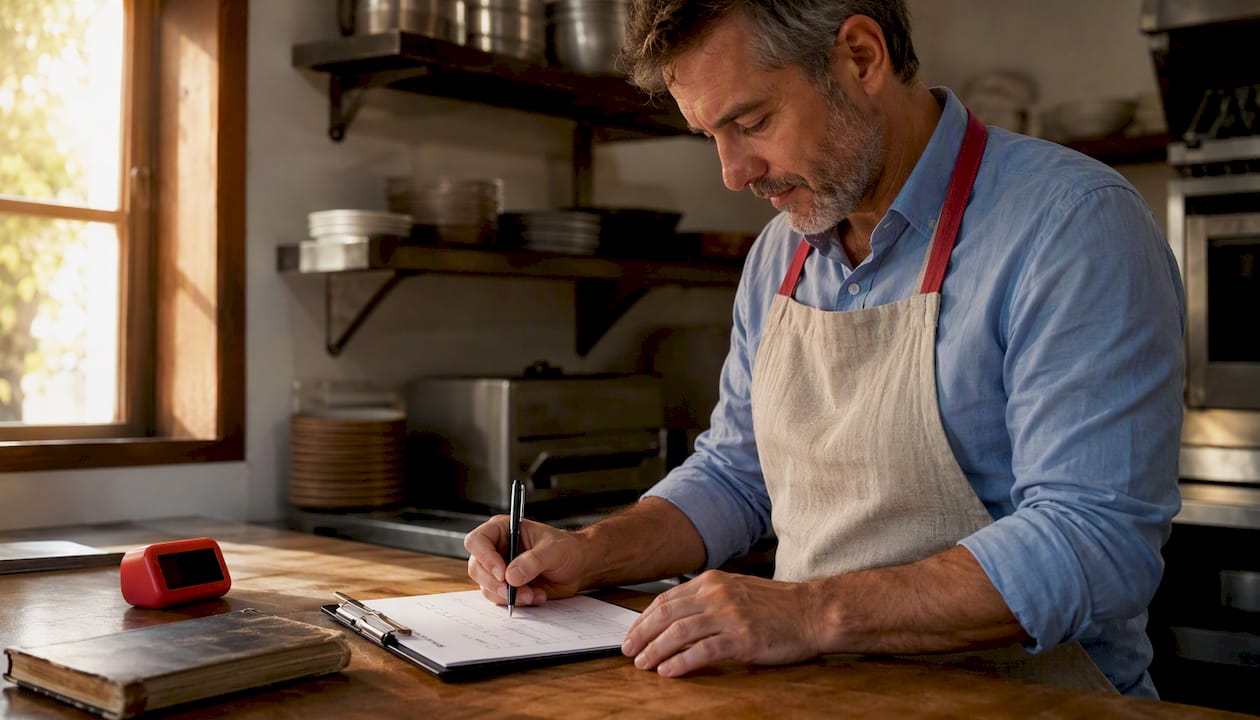 Mani che spuntano le voci di una lista di controllo in un ristorante