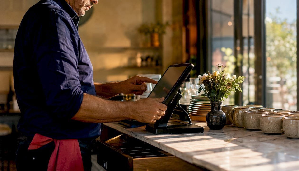 Primo piano di mani che utilizzano un sistema POS touchscreen