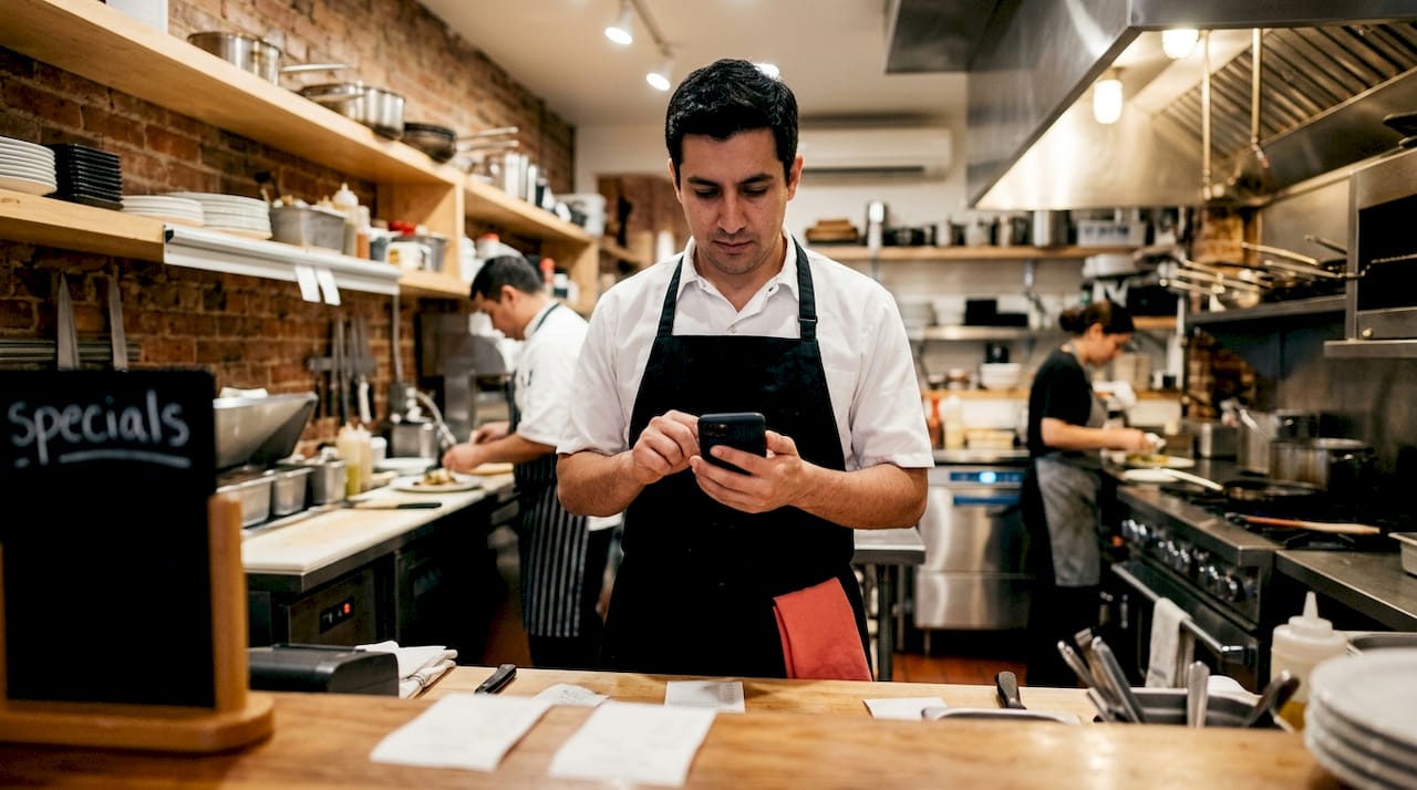 Un cameriere utilizza un dispositivo digitale per prendere le comande nell’area del pass in cucina.
