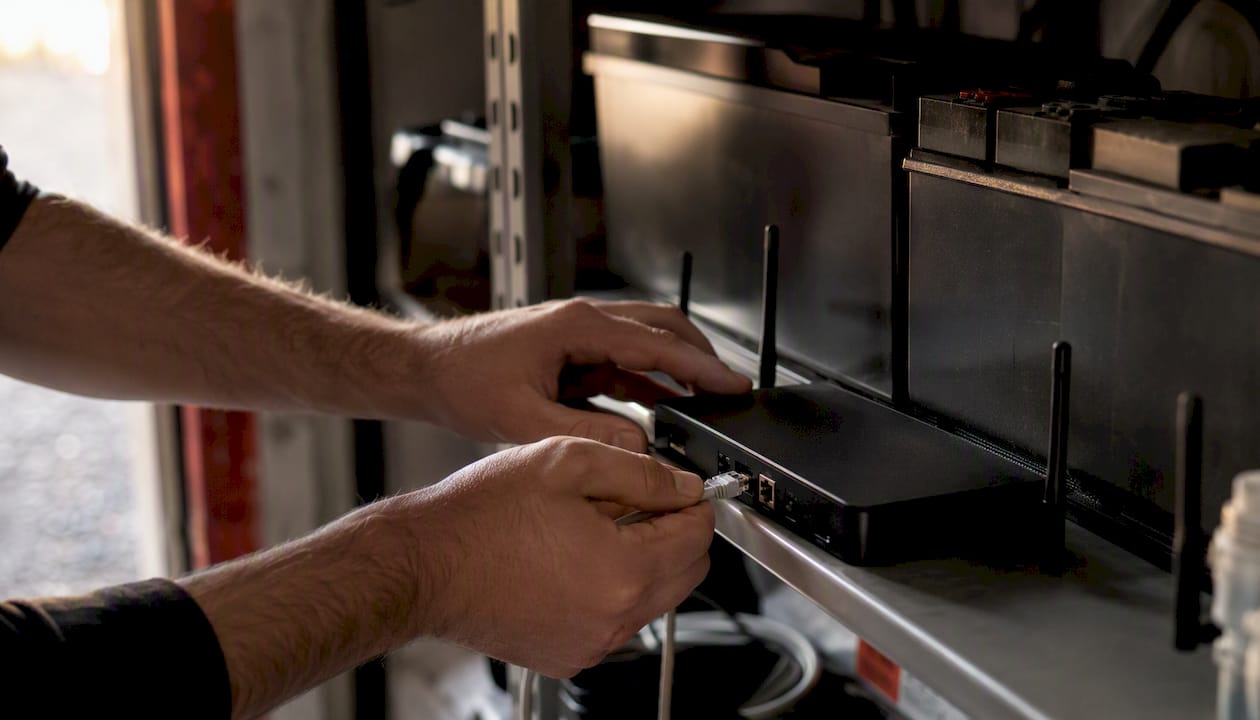 Le mani di un tecnico collegano il router di backup nella sala server del ristorante.
