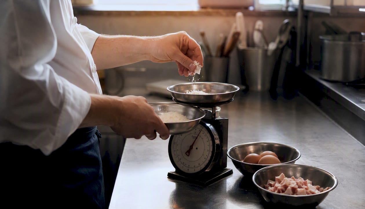 Lo chef pesa con cura gli ingredienti necessari per preparare una vera carbonara.