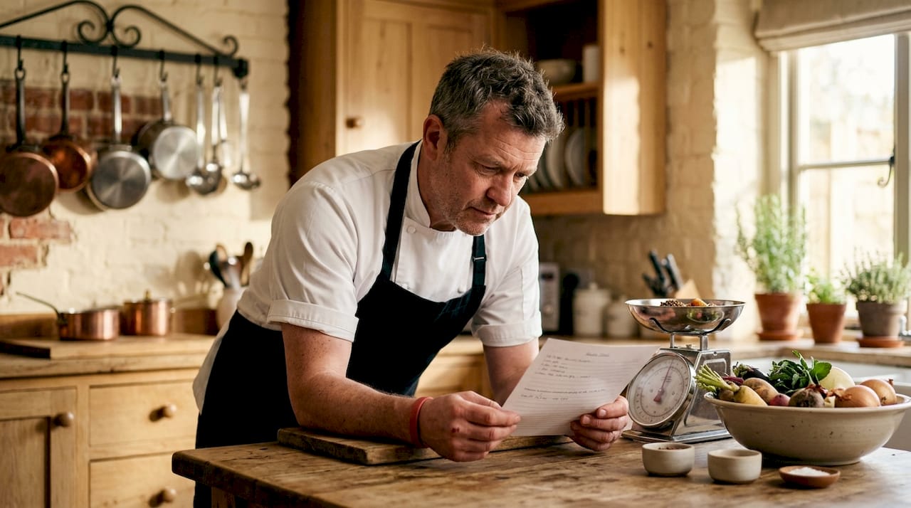 Lo chef controlla la ricetta e pesa con attenzione gli ingredienti prima di iniziare a cucinare.