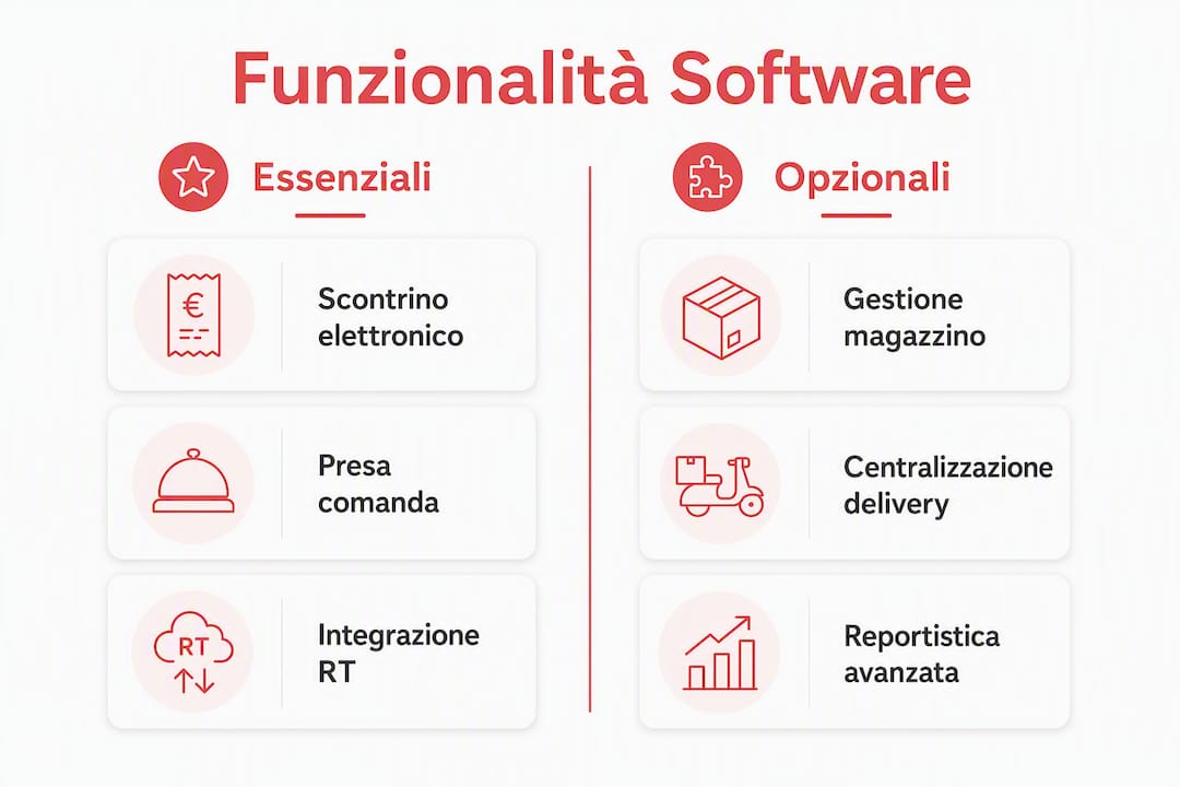 Panoramica grafica delle principali funzionalità software, tra quelle indispensabili e quelle aggiuntive