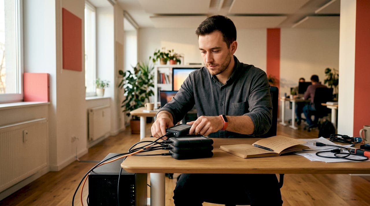 Tecnici al lavoro nella sala server, impegnati a controllare e testare i dischi di backup.