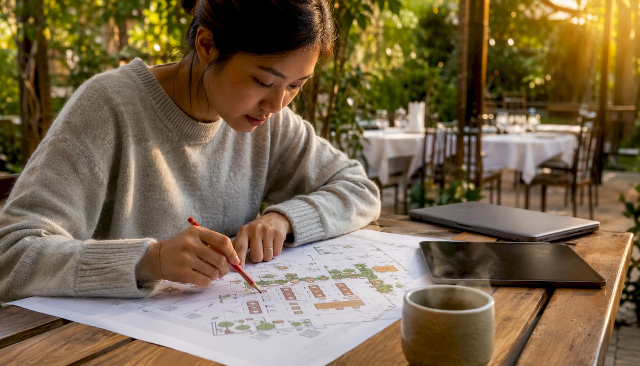 Una donna consulta la piantina digitale dei tavoli del ristorante, indicando quello che le interessa.