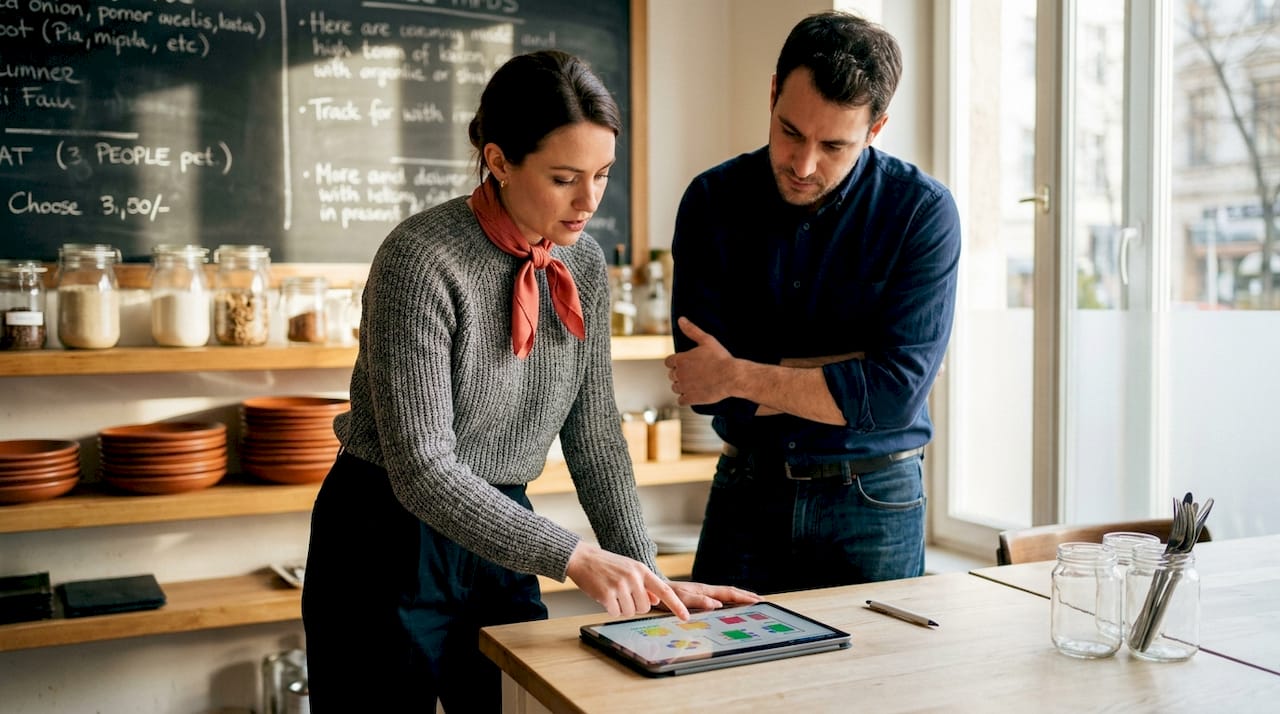 La hostess e il cameriere stanno consultando insieme la piantina digitale dei tavoli per organizzare al meglio la disposizione dei clienti.