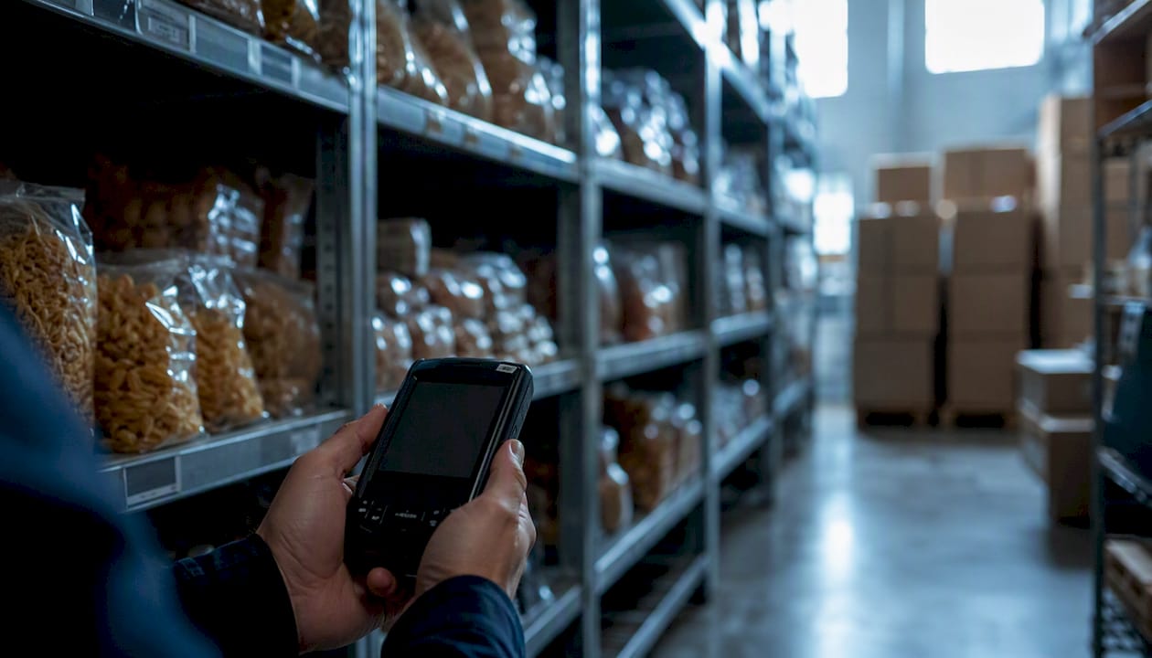Mani che passano sugli scatoloni degli alimenti per controllare l’inventario