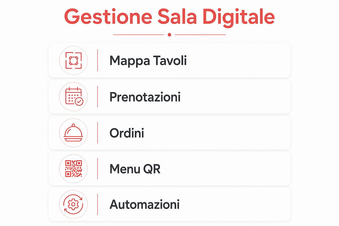 Grafica illustrativa che racconta, passo dopo passo, come viene gestita digitalmente una sala