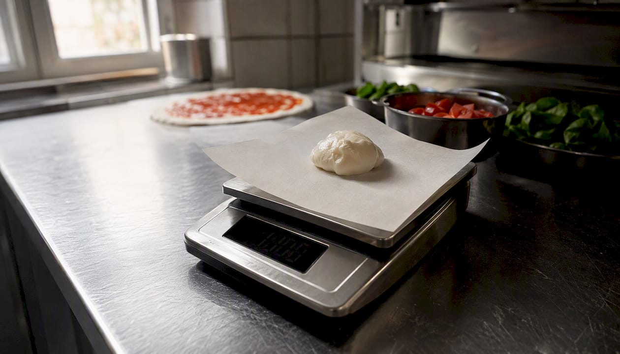 Porzione di mozzarella pesata sulla bilancia in pizzeria