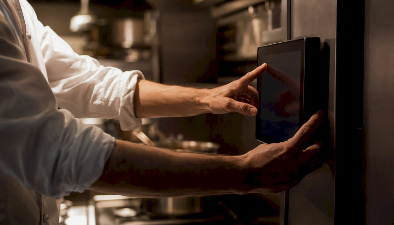 Lo chef consulta un moderno schermo touch nella sua cucina, gestendo ricette e ingredienti con un semplice tocco.
