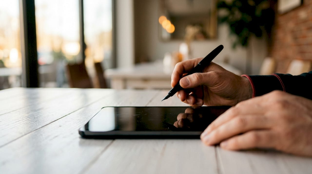 Mani che prendono appunti su un tablet con pennino, sedute al tavolo di un ristorante.