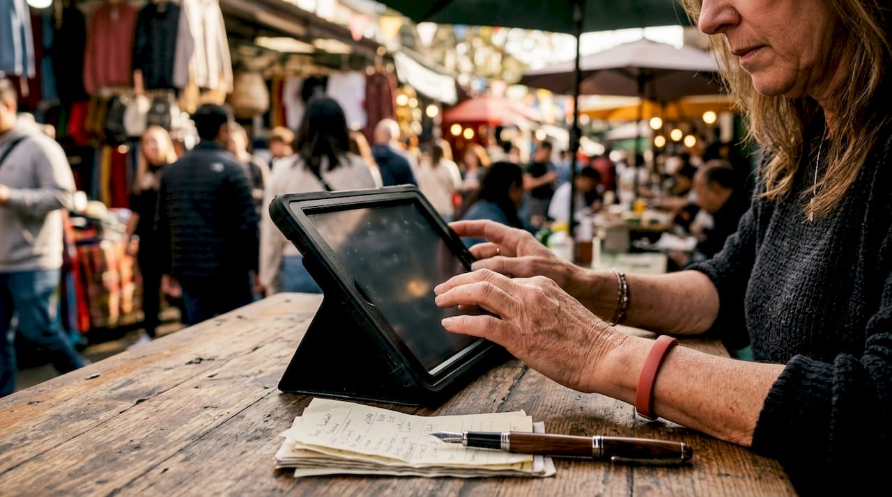 Le mani di una cameriera stanno inserendo le ordinazioni sul tablet al ristorante.
