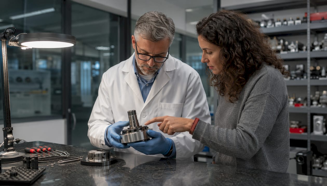 Un tecnico e una donna controllano insieme i pezzi di ricambio per le attrezzature.