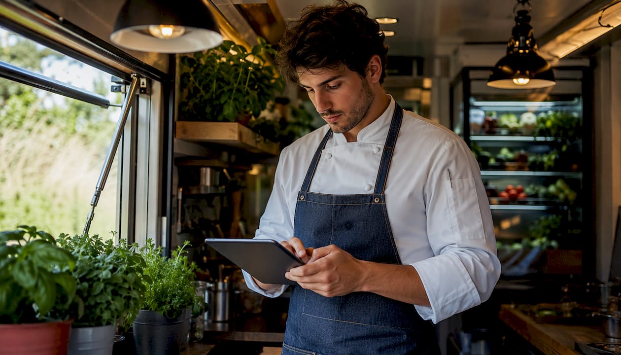 Un cuoco alle prese con il tablet mentre lavora tra i fornelli di una cucina professionale.