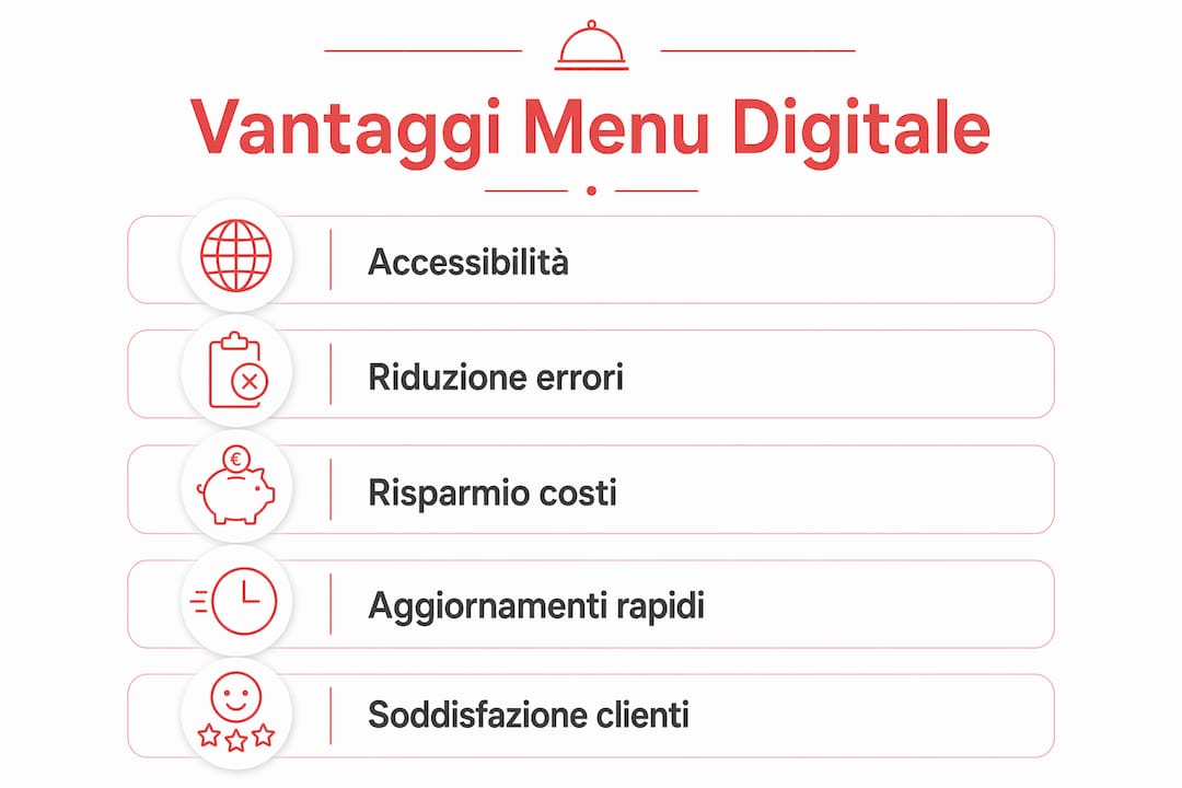 Infografica che illustra i principali benefici di un menu digitale disponibile in più lingue.