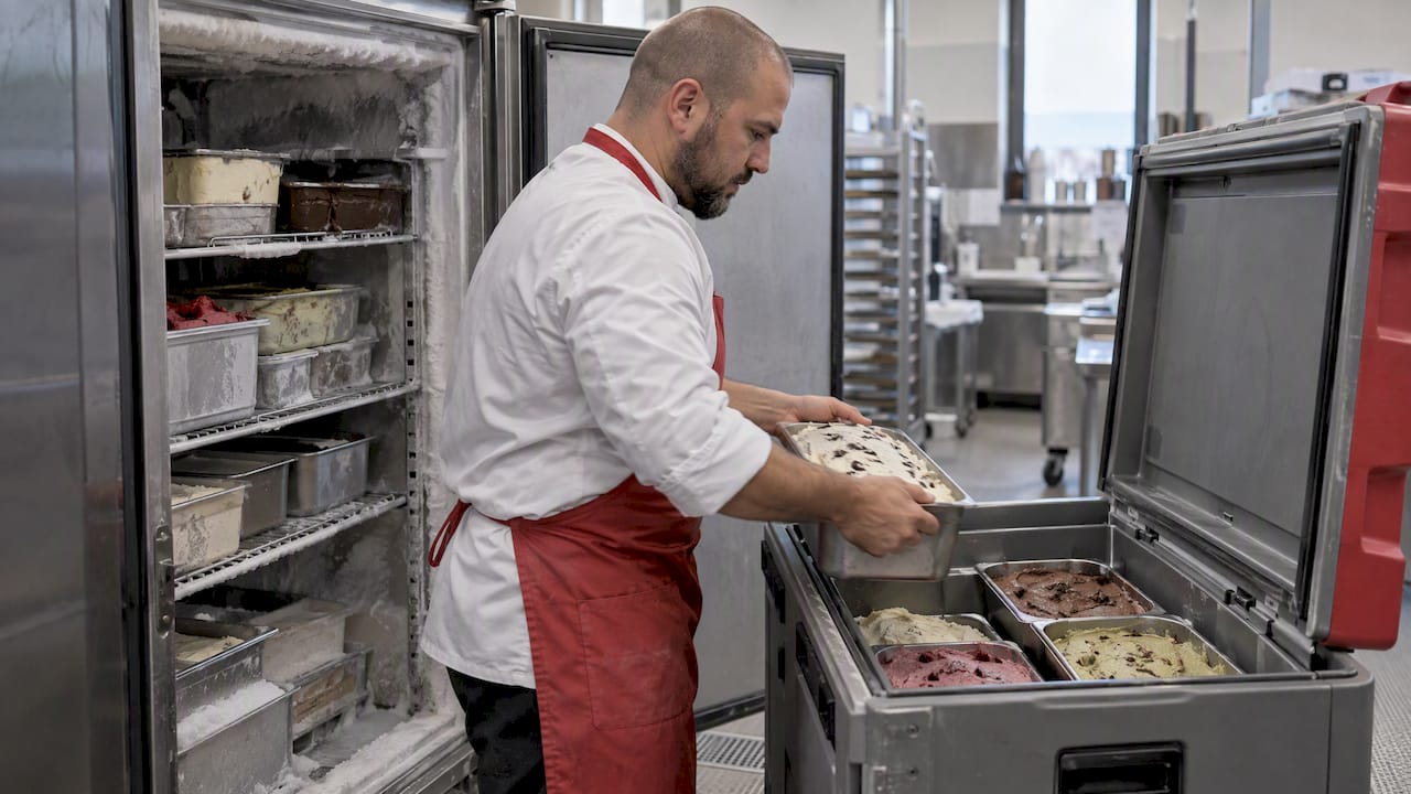 Spostamento delle vaschette di gelato refrigerate