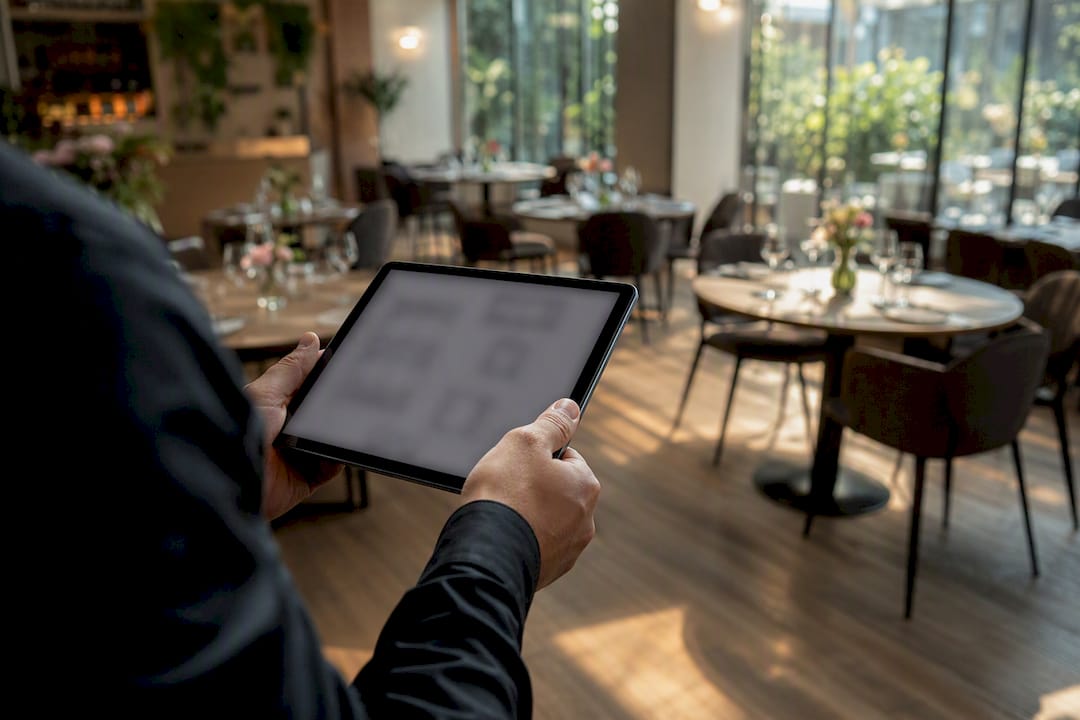 Mani che tengono un tablet per controllare la disposizione dei tavoli nel ristorante