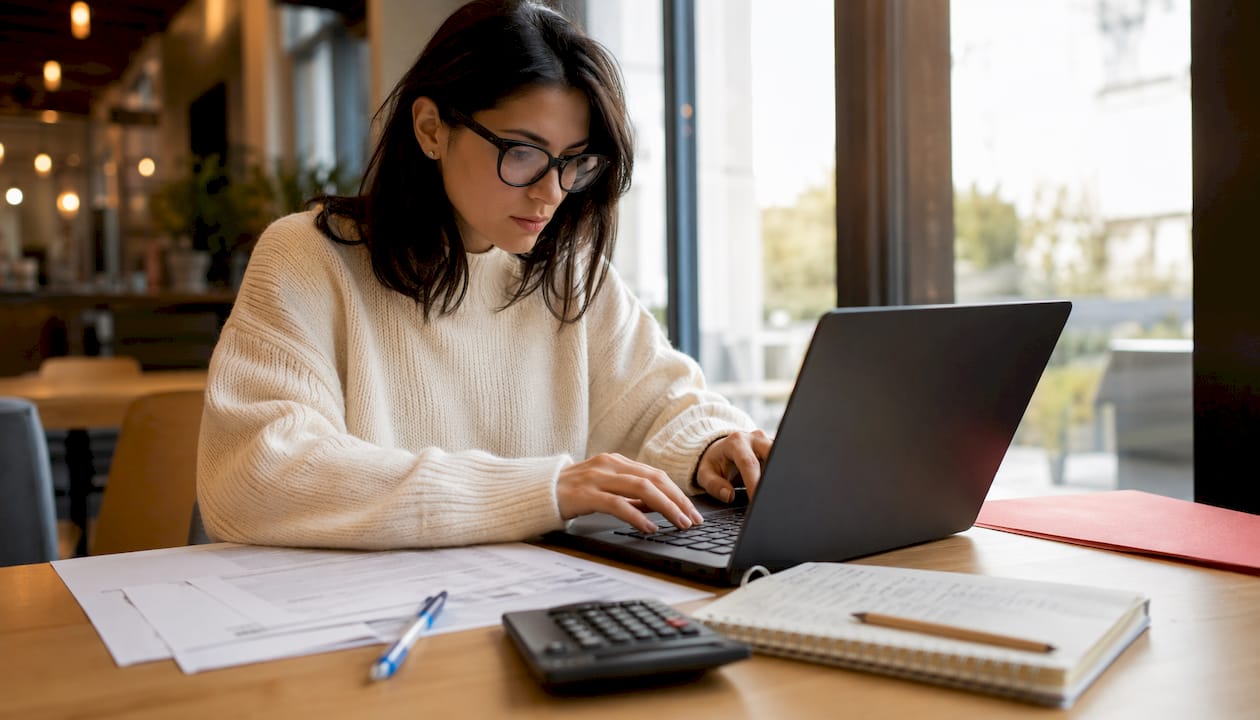 Una donna lavora al computer nel suo ufficio all’interno di un ristorante.