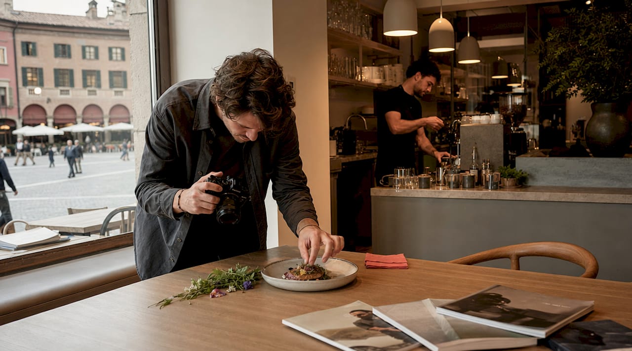 Realizzo e allestisco set fotografici per creare immagini coordinate e professionali da utilizzare nei menu digitali.